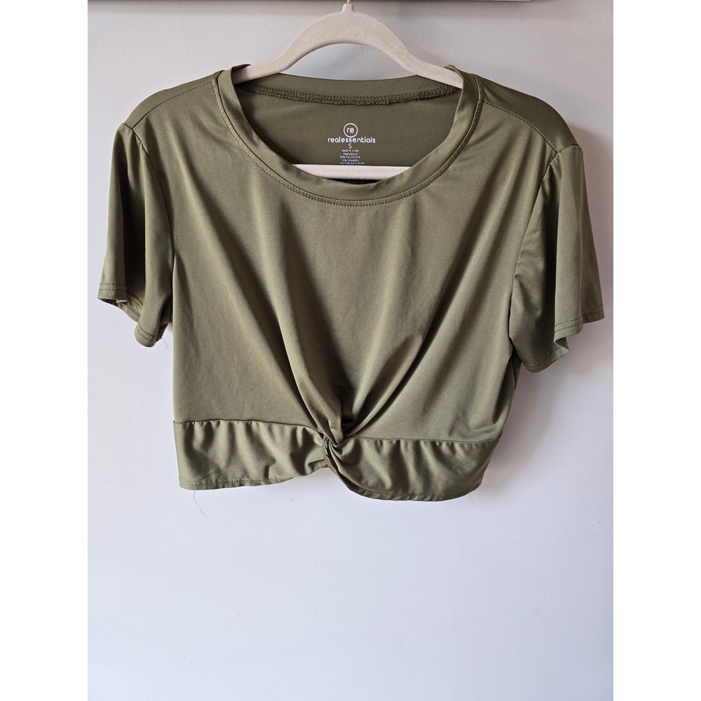 Real Essentials Women Olive Green Front Twist Athletic Crop Top Size S RN166455